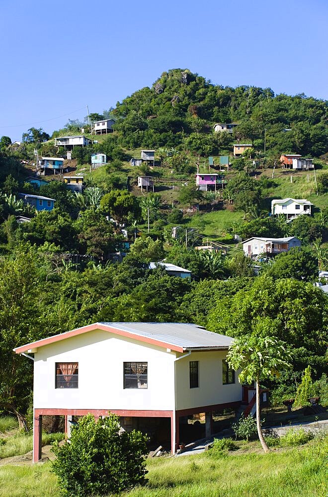 Houses built on stilts lining a hillside, Caribbean