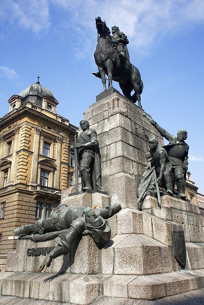 Poland, Krakow, Grunwald Monument by Marian Konieczny original by Antoni Wiwulski was destroyed in WWII on Matejko Square Equestrian figure of King Wladyslaw Jagiello with the standing figure of Lithuanian Prince Witold & the defeated figure of Ulrich von Jungingen at the base