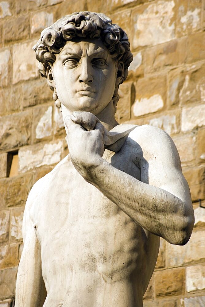 ITALY, Tuscany, Florence, Replica of Rennaisance statue of David by Michelangelo in the Piazza della Signoria beside the Palazzo Vecchio