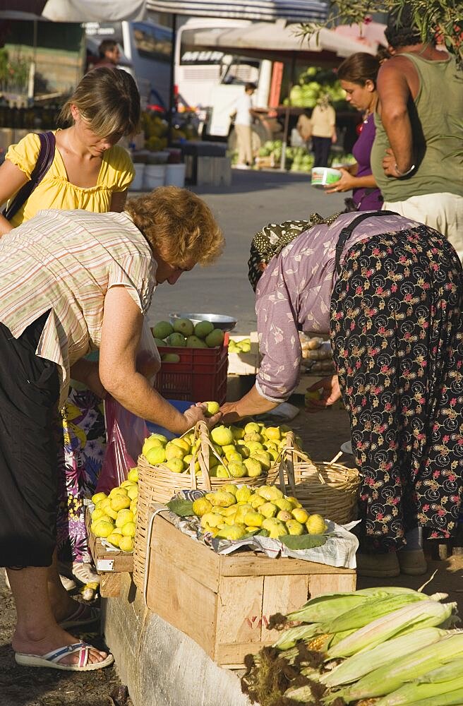 Turkey, Aydin Province, Kusadasi, Woman from local farm selling fruit and vegetables to shoppers at fresh produce market in town