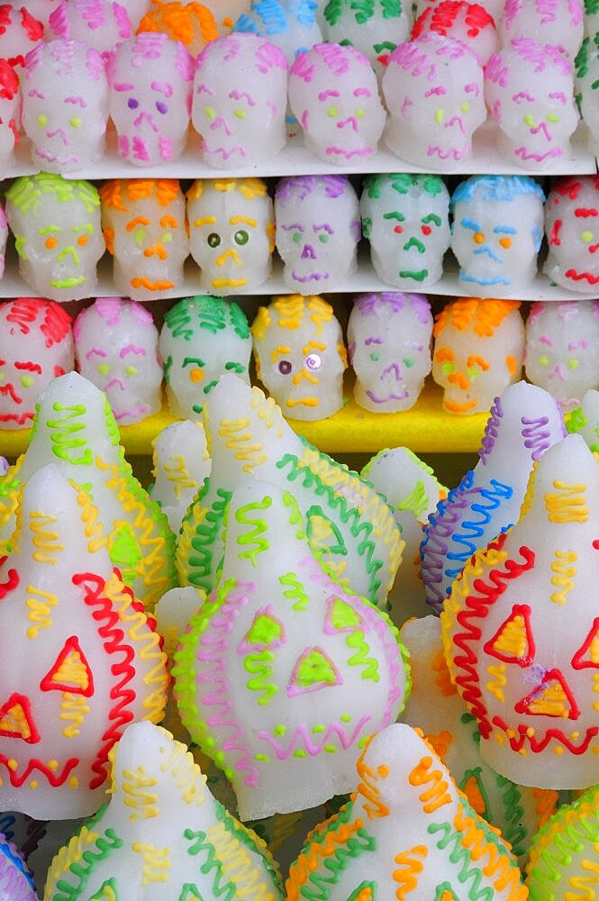 Sugar candies shaped as skulls and lanterns for Dia de los Muertos or Day of the Dead festivities, Puebla, Mexico