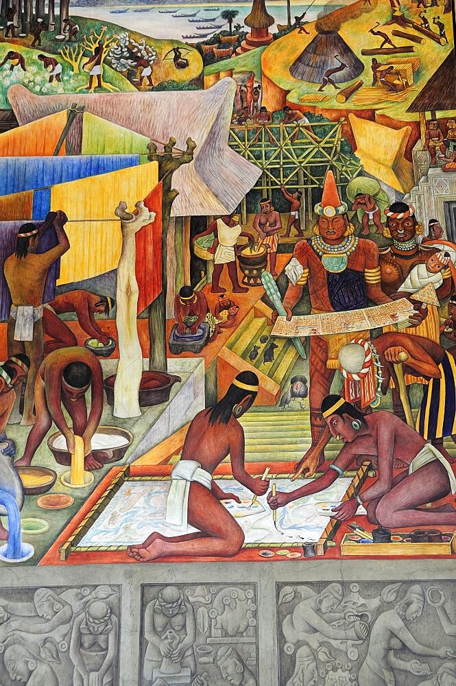 Detail of Mexico a Traves de los Siglos mural by Diego Rivera in the Palacio Nacional depicting life before the Conquest including paper making, Mexico City, Federal District, Mexico