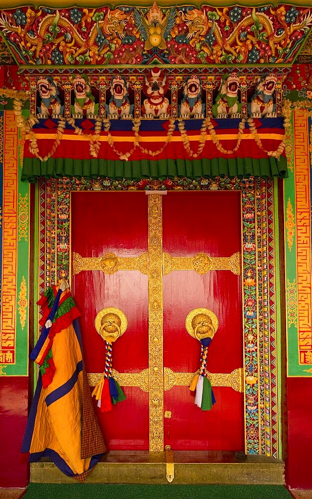 Hand crafted and painted door in Buddhist Monastery, Sikkim, India