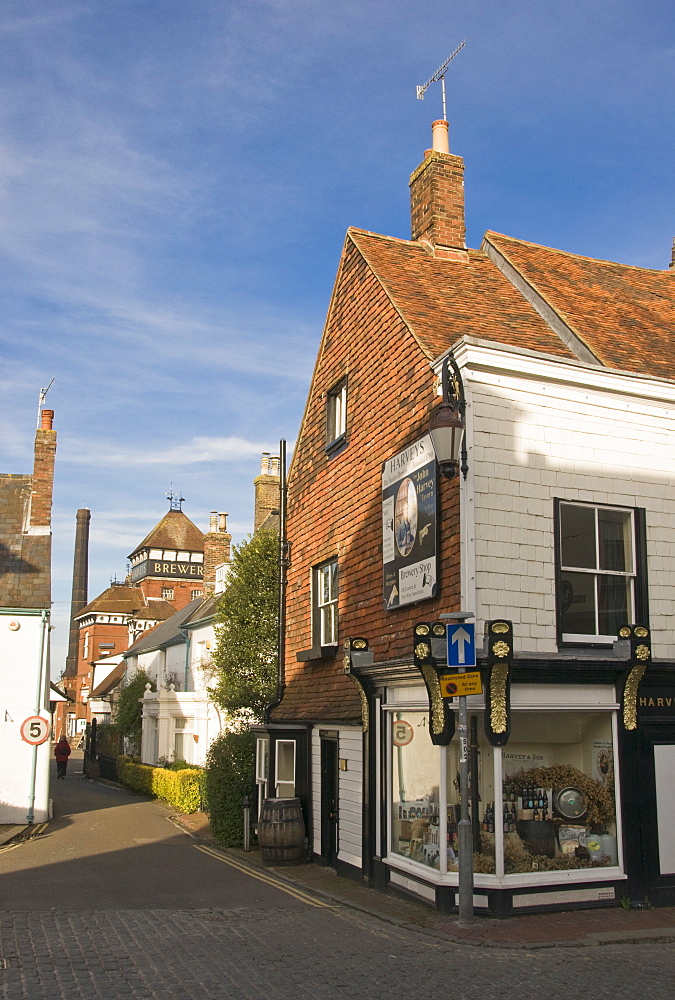 Harvey's Brewery shop on Cliffe High Street, with the Brewery behind, Lewes, East Sussex, England, United Kingdom, Europe