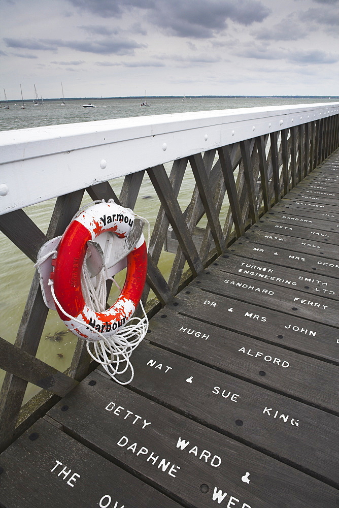 Names engraved on the refurbished Yarmouth Pier, Isle of Wight, England, United Kingdom, Europe