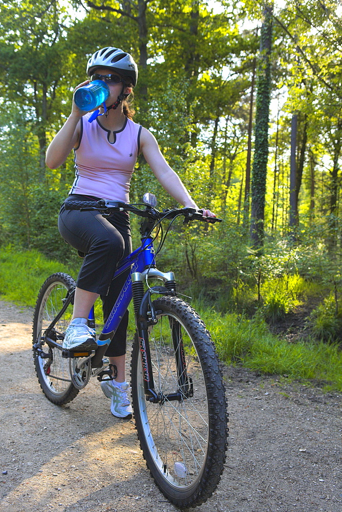 Woman drinking while out on a mountain bike ride, New Forest, Hampshire, England, United Kingdom, Europe