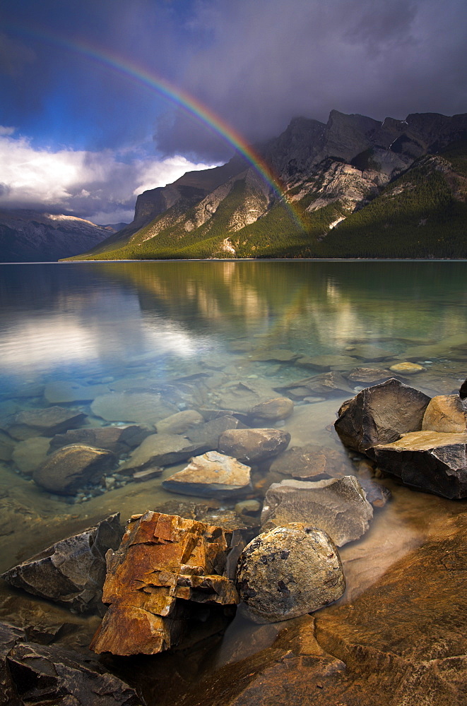 Rainbow over the waters of Lake Minnewanka, Banff National Park, UNESCO World Heritage Site, Alberts, The Rocky Mountains, Canada, North America