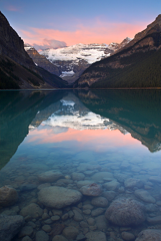 Pastel dawn at Lake Louise, Banff National Park, UNESCO World Heritage Site, Alberta, Rocky Mountains, Canada, North America