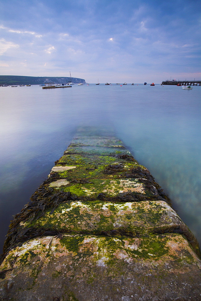 Stone jetty in Swanage Harbour, Swanage, Dorset, England, United Kingdom, Europe