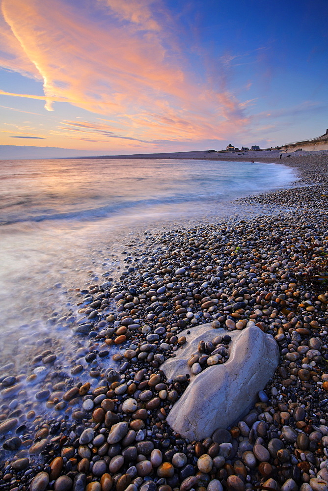 Sunset over Chesil Beach at Fortuneswell, Jurassic Coast, UNESCO World Heritage Site, Dorset, England, United Kingdom, Europe