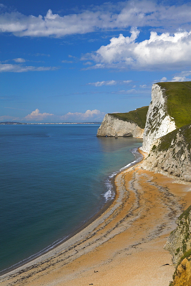 Looking down towards Bats Head, with Weymouth in the distance, Durdle Door, Jurassic Coast, UNESCO World Heritage Site, Dorset, England, United Kingdom, Europe