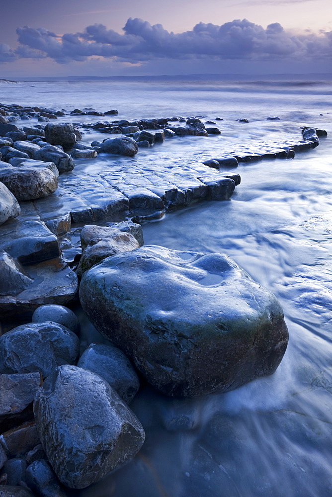 Rocky shore of Nash Point at twilight, Glamorgan Heritage Coast, Wales, United Kingdom, Europe