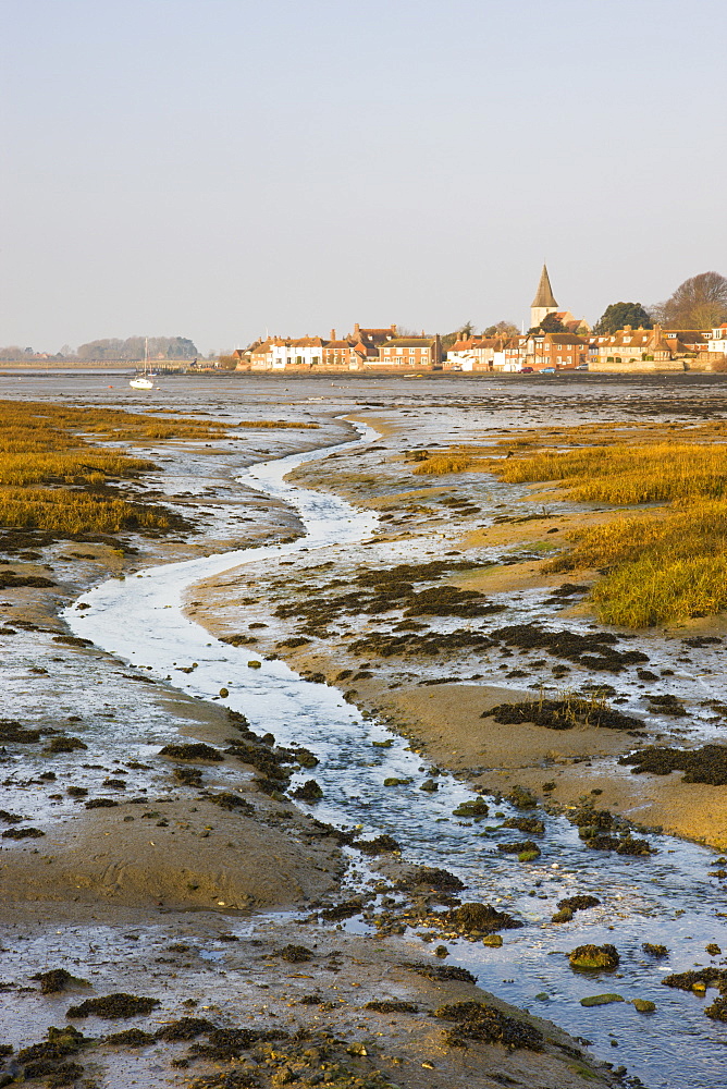 Low tide in Chichester Harbour, looking across to the ancient village of Bosham, West Sussex, England, United Kingdom, Europe