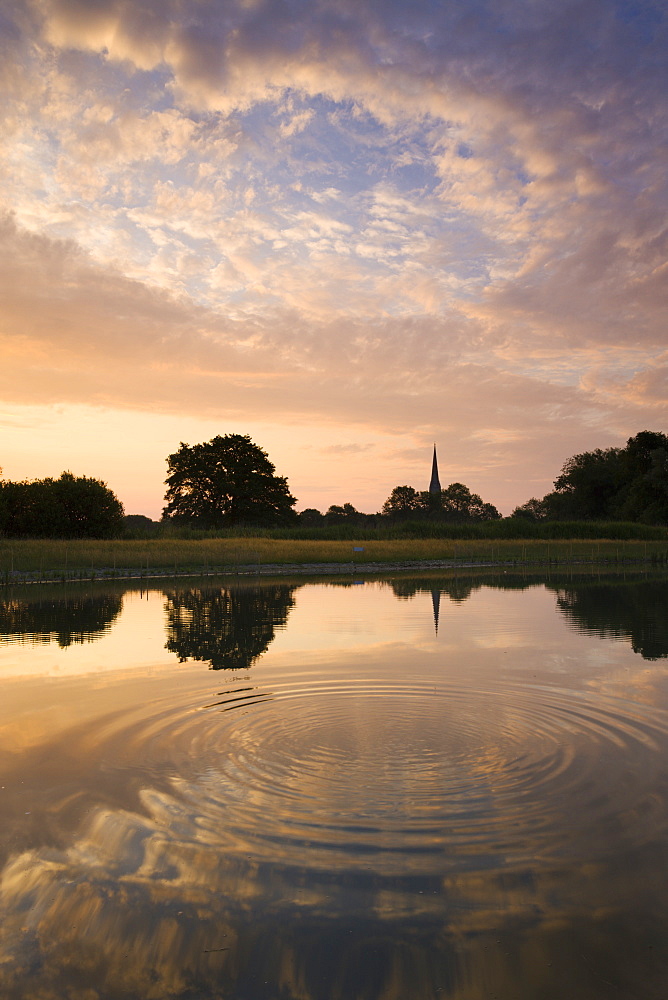 Salisbury Cathedral spire and a beautiful dawn sky reflected in a rippled pond, Salisbury, Wiltshire, England, United Kingdom, Europe