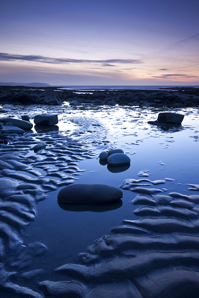 Twilight on the shores of Kilve Beach, Somerset, England, United Kingdom, Europe