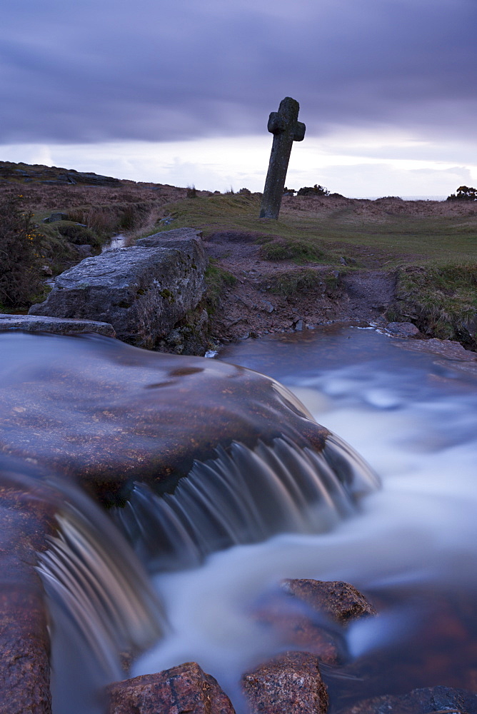 Twilight at Windy Post stone cross in Dartmoor, Devon, England, United Kingdom, Europe