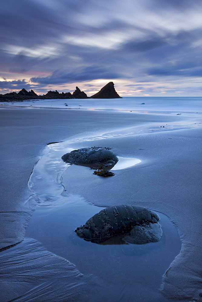 Low tide at dusk on Hartland Quay Beach, North Devon, England, United Kingdom, Europe