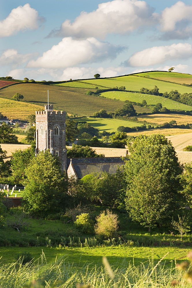 Rural church surrounded by rolling countryside, Shobrooke, Devon, England, United Kingdom, Europe