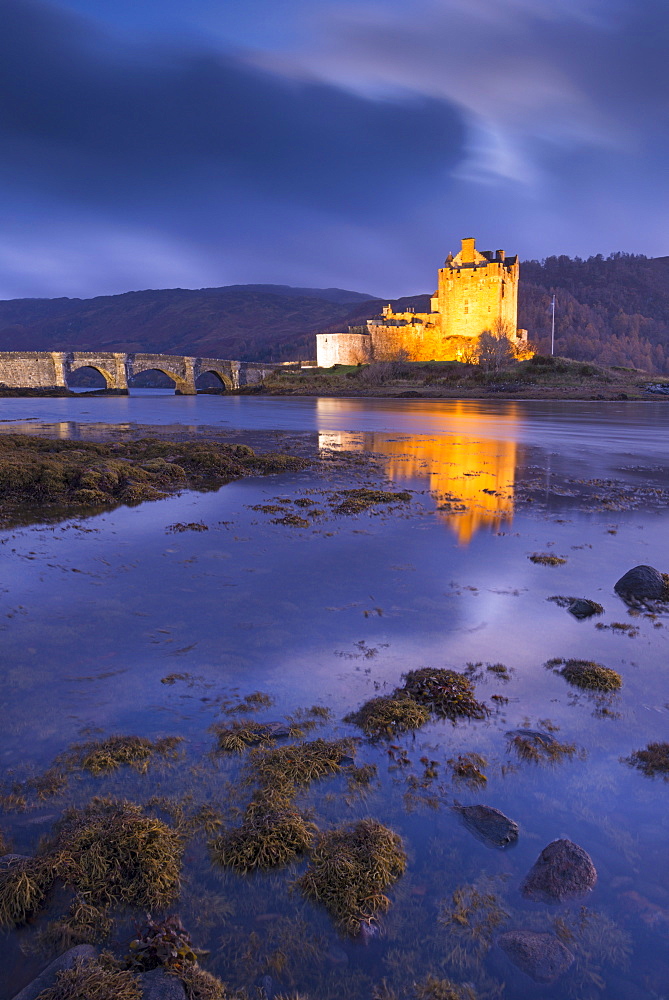 Eilean Donan Castle on Loch Duich at twilight, Western Highlands, Scotland, United Kingdom, Europe 