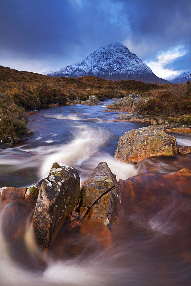 Highland stream running through Rannoch Moor towards Buachaille Etive Mor mountain, Scotland, United Kingdom, Europe 