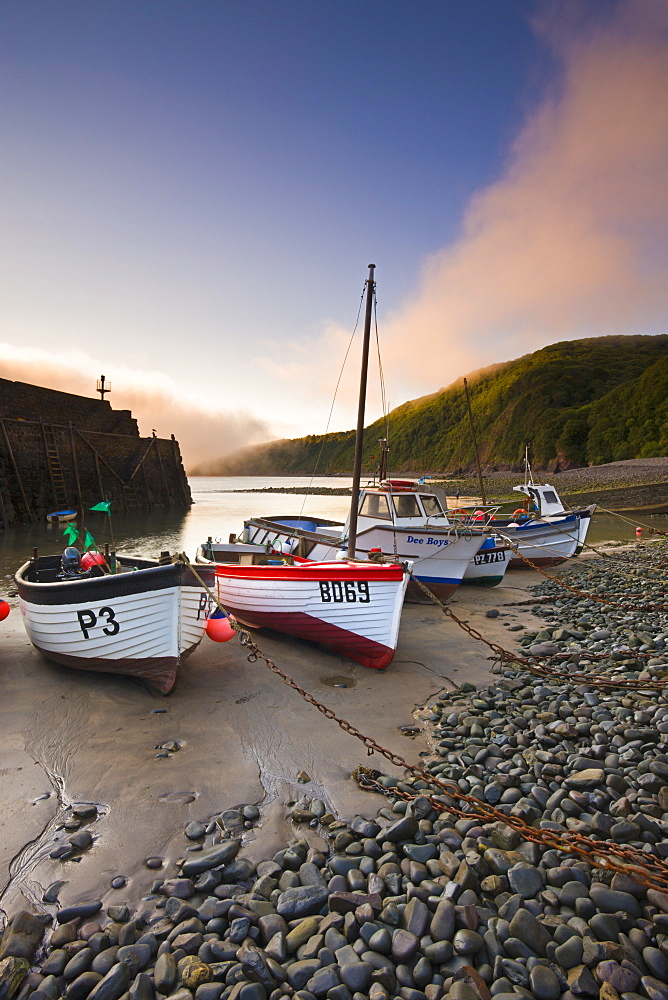 Fishing vessels beached at low tide in Clovelly harbour, Devon, England, United Kingdom, Europe