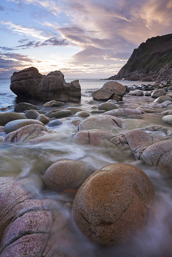 Rocky shores of Porth Nanven at sunset, Cornwall, England, United Kingdom, Europe 