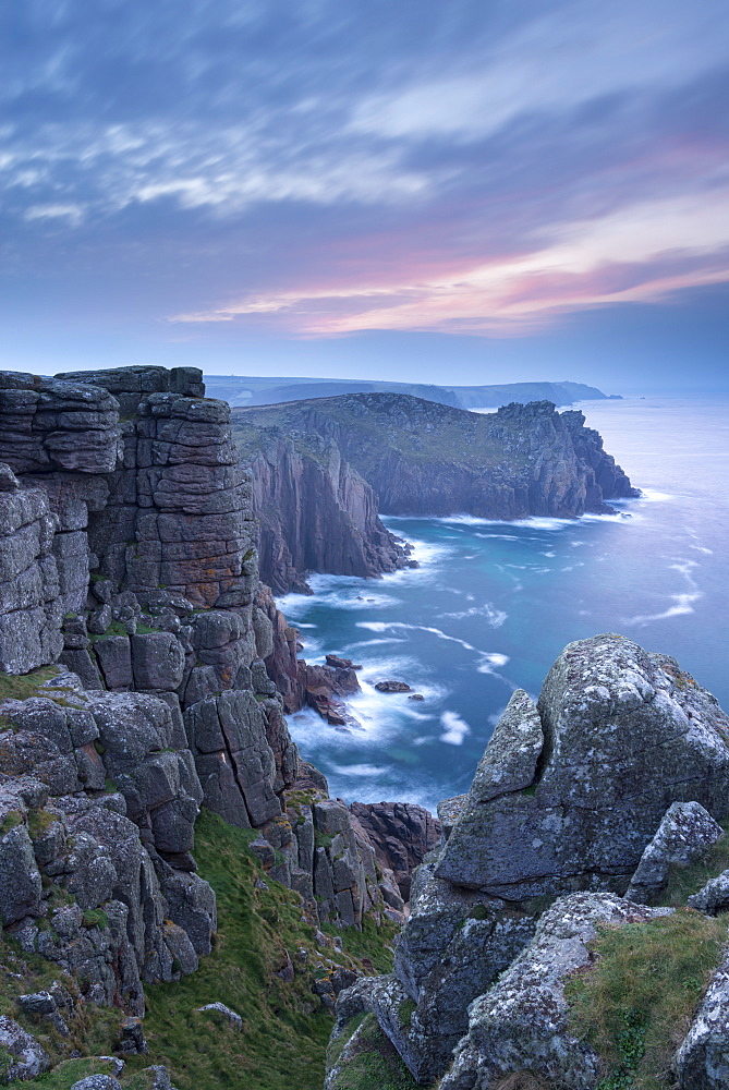 Land's End clifftops at sunrise, Cornwall, England, United Kingdom, Europe 