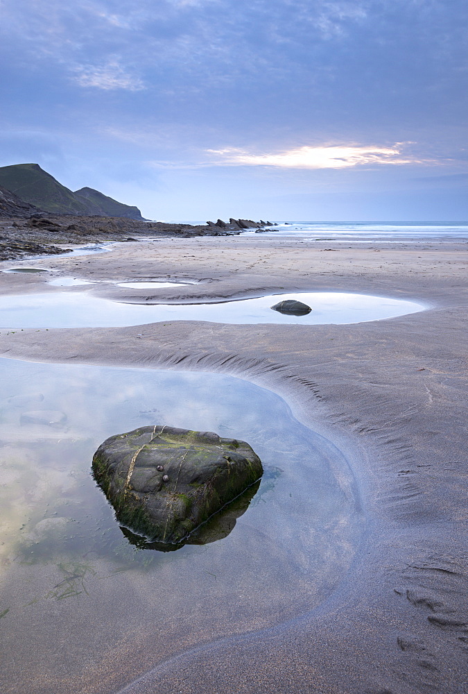 Rock pools on the beach at Crackington Haven during twilight, Cornwall, England, United Kingdom, Europe 