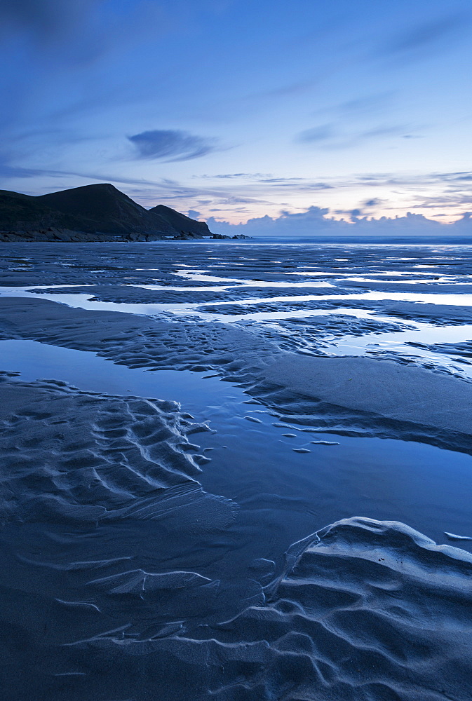 Low tide on Crackington Haven Beach during twilight, Cornwall, England, United Kingdom, Europe 