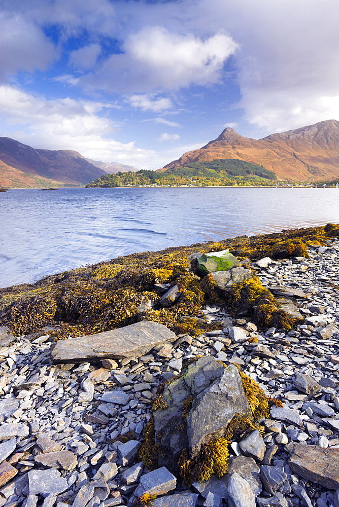 Looking across Loch Leven to Glencoe village and the Pap of Glencoe, Highlands, Scotland, United Kingdom, Europe