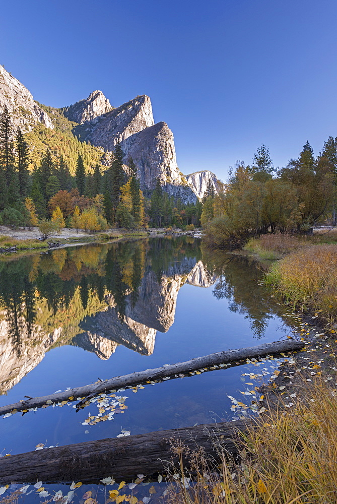 The Three Brothers reflected in the Merced River, Yosemite Valley, Yosemite National Park, UNESCO World Heritage Site, California, United States of America, North America