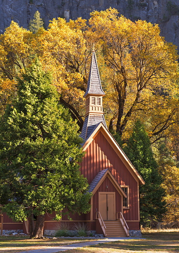 Yosemite Chapel surrounded by fall foliage, Yosemite Valley, California, United States of America, North America