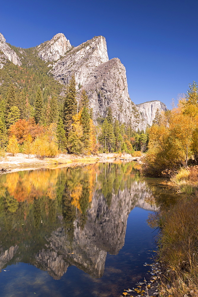 The Three Brothers reflected in the Merced River, Yosemite Valley, Yosemite National Park, UNESCO World Heritage Site, California, United States of America, North America