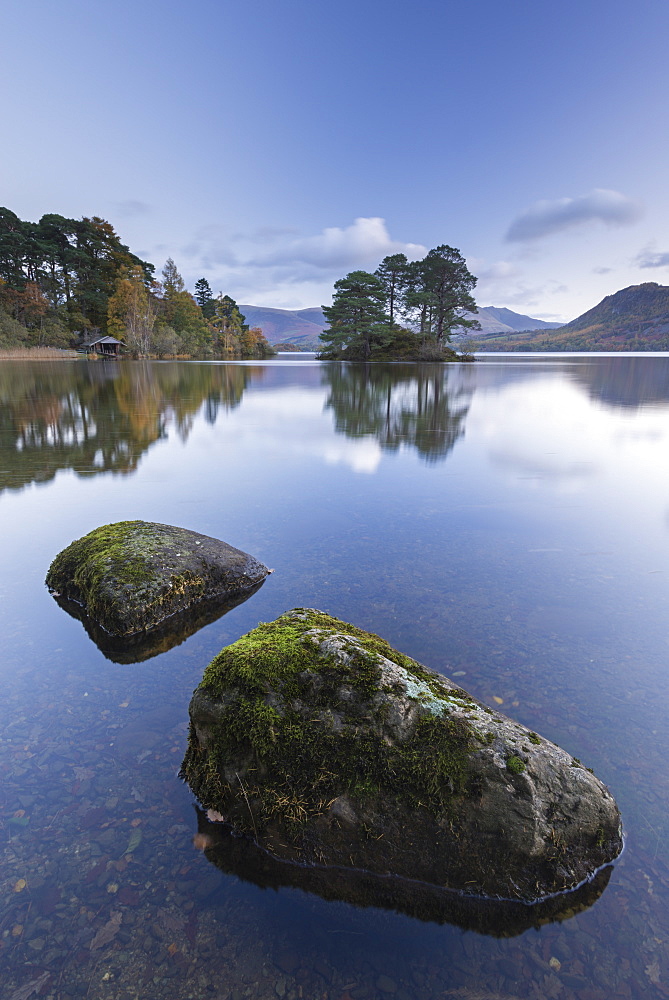 Tranquil Derwent Water at dawn, Lake District National Park, Cumbria, England, United Kingdom, Europe