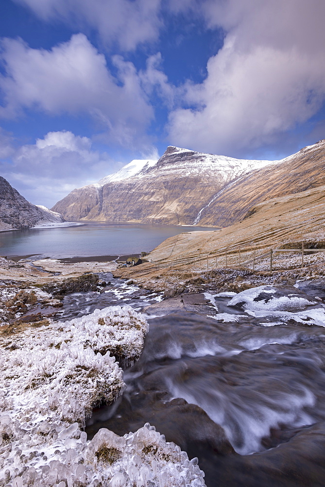 Snow and ice covered scenery at Saksun on the island of Streymoy, Faroe Islands, Denmark, Europe