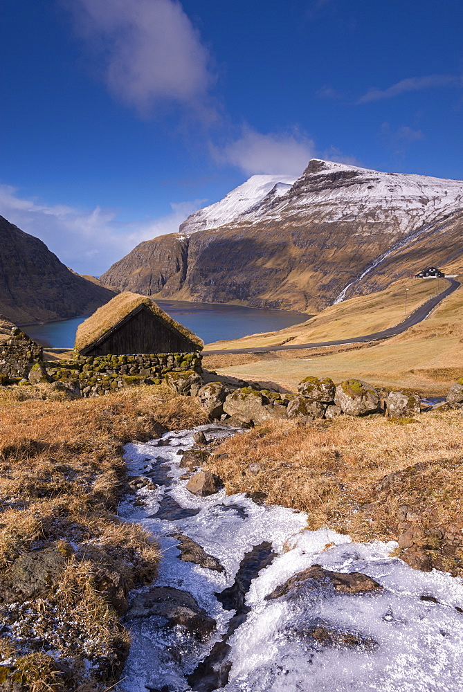 Turf roofed hut in the ancient village of Saksun on the island of Streymoy, Faroe Islands, Denmark, Europe