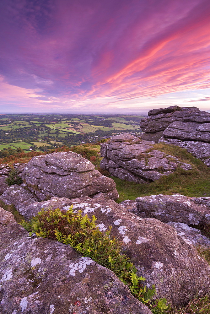 Granite tor on Meldon Hill at sunrise, Chagford, Dartmoor National Park, Devon, England, United Kingdom, Europe