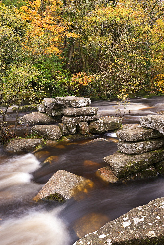 Remains of an ancient clapper bridge at Dartmeet, Dartmoor National Park, Devon, England, United Kingdom, Europe