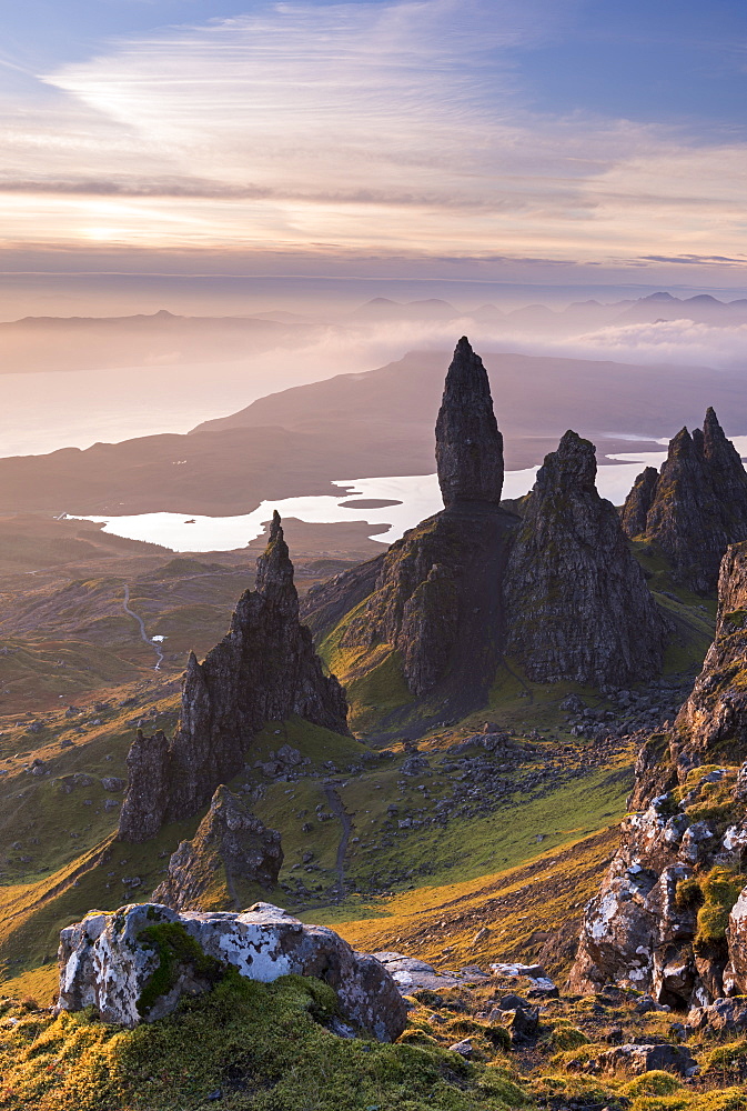 Sunrise over the Old Man of Storr on the Isle of Skye, Inner Hebrides, Scotland, United Kingdom, Europe