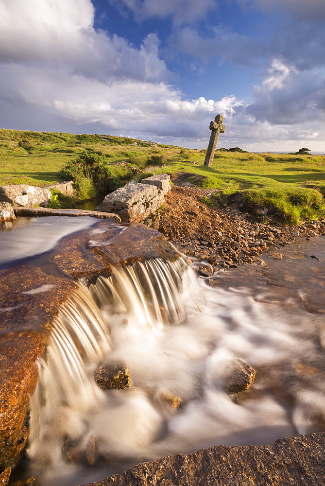 Beckamoor Cross, also known as the Windy Post beside the Grimstone and Sortridge Leat, Dartmoor National Park, Devon, England, United Kingdom, Europe