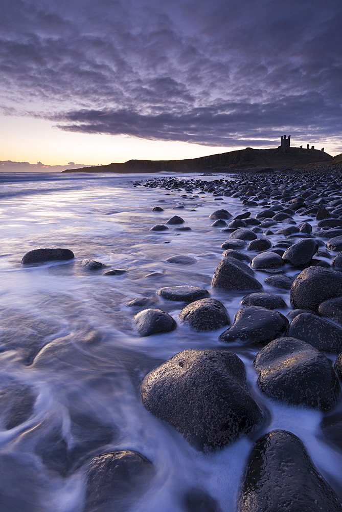 Winter sunrise at Embleton Bay boulder beach with Dunstanburgh Castle beyond, Northumberland, England, United Kingdom, Europe