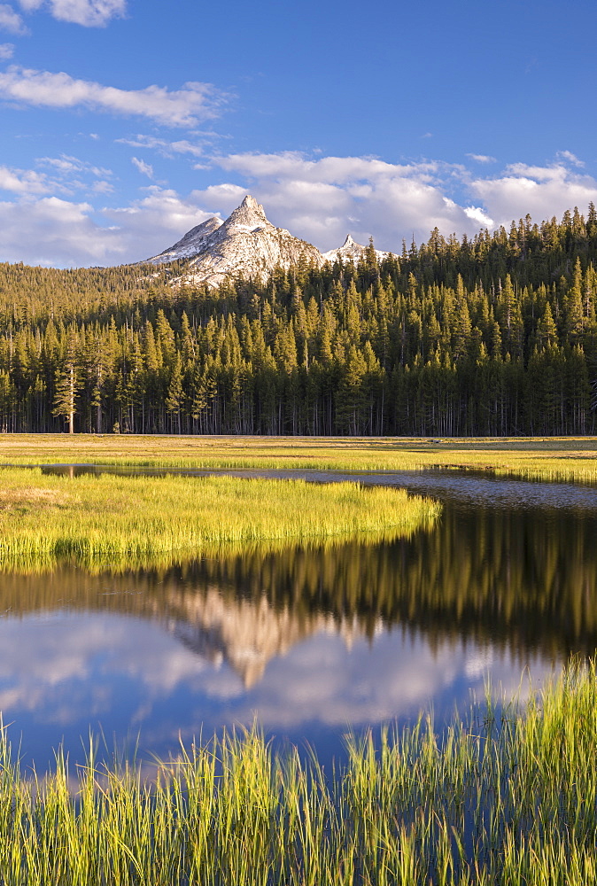 Unicorn Peak reflected in the snow melt pools on Tuolumne Meadows, Yosemite National Park, UNESCO World Heritage Site, California, United States of America, North America