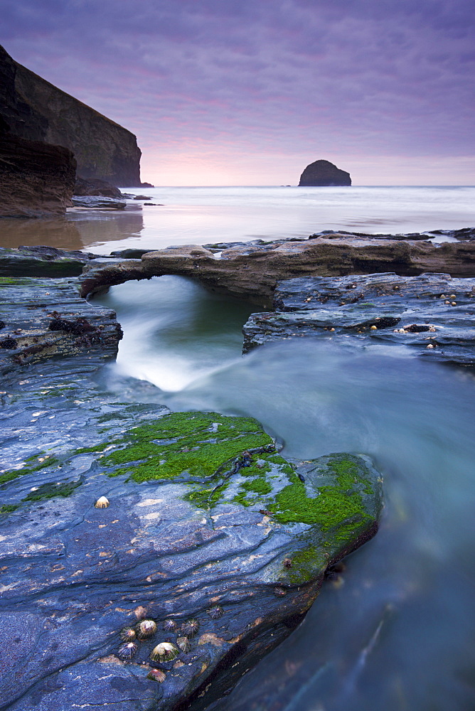 Eroded slate rocks at Trebarwith Strand in North Cornwall, England, United Kingdom, Europe