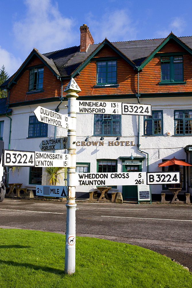 Road sign at Exford in Exmoor National Park, Somerset, England, United Kingdom, Europe