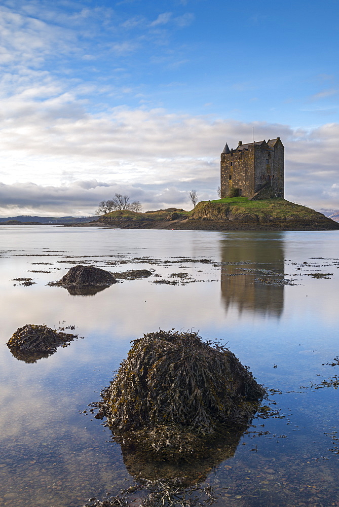 Castle Stalker reflected in Loch Linnhe, Appin, Argyll, Scotland, United Kingdom, Europe