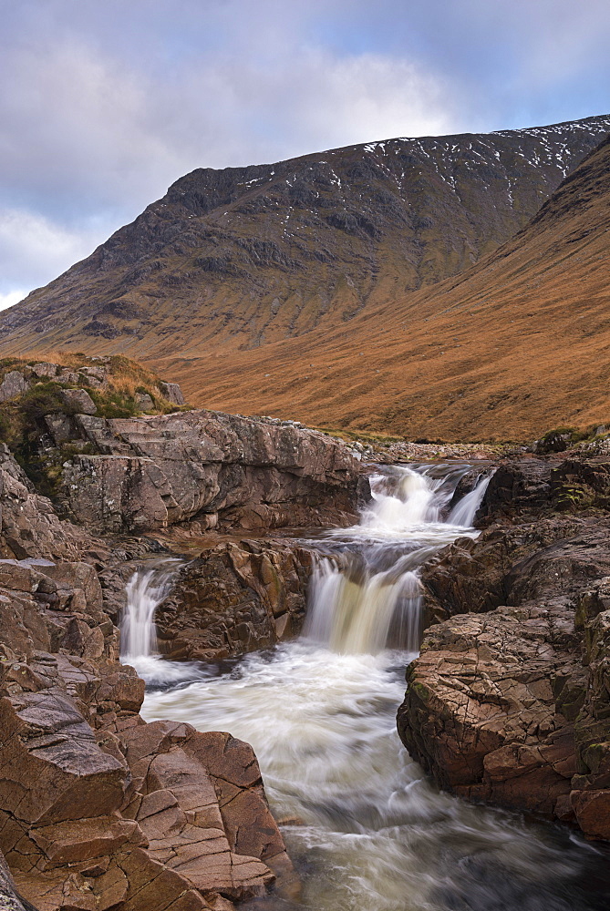 River Etive rushing though rocks in winter, Glen Etive, Highlands, Scotland, United Kingdom, Europe