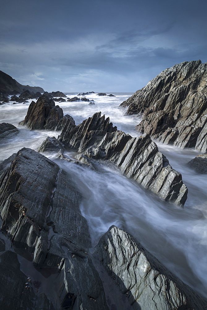 Dramatic rock formations on the North Devon coast near Lee Bay in winter, Devon, England, United Kingdom, Europe