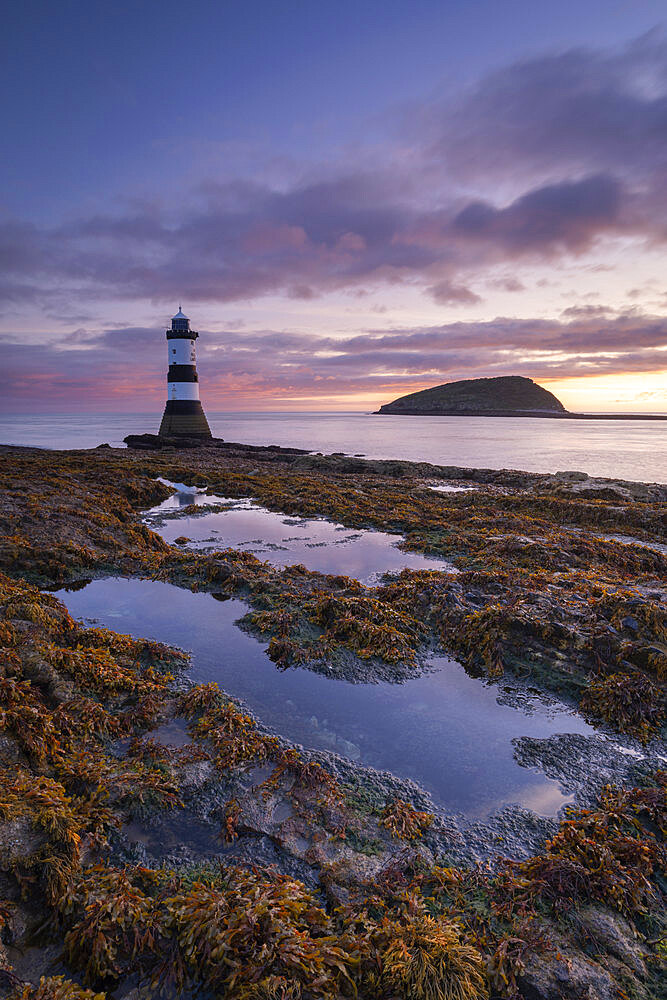 Sunrise over Penmon Point lighthouse, Anglesey, North Wales, United Kingdom, Europe