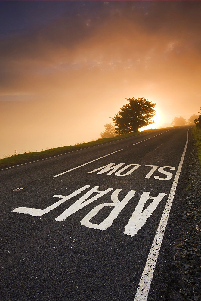 Painted road sign on a moorland road and misty sunrise, Brecon Beacons National Park, Powys, Wales, United Kingdom, Europe