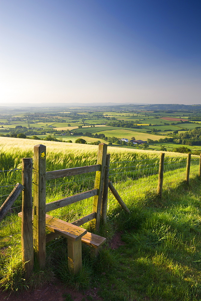 Footpath and style through fields, Raddon Hill, Devon, England, United Kingdom, Europe